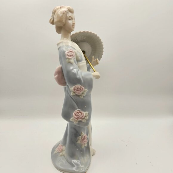 Vintage Porcelain Geisha Figurine w/ Parasol – Blue Kimono, Roses - Picture 5 of 8